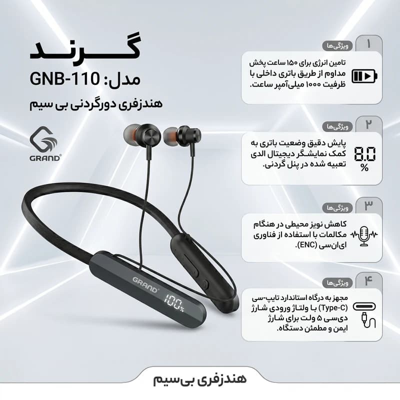 هندزفری بلوتوثی گردنی گرند اسکای مدل GNB-110 — تصویر ۴