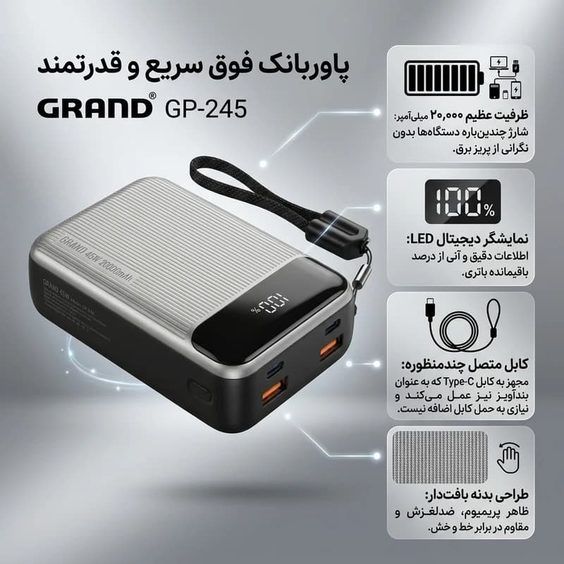 پاوربانک گرند اسکای مدل GP-245 ظرفیت ۲۰۰۰۰mAh — تصویر ۶