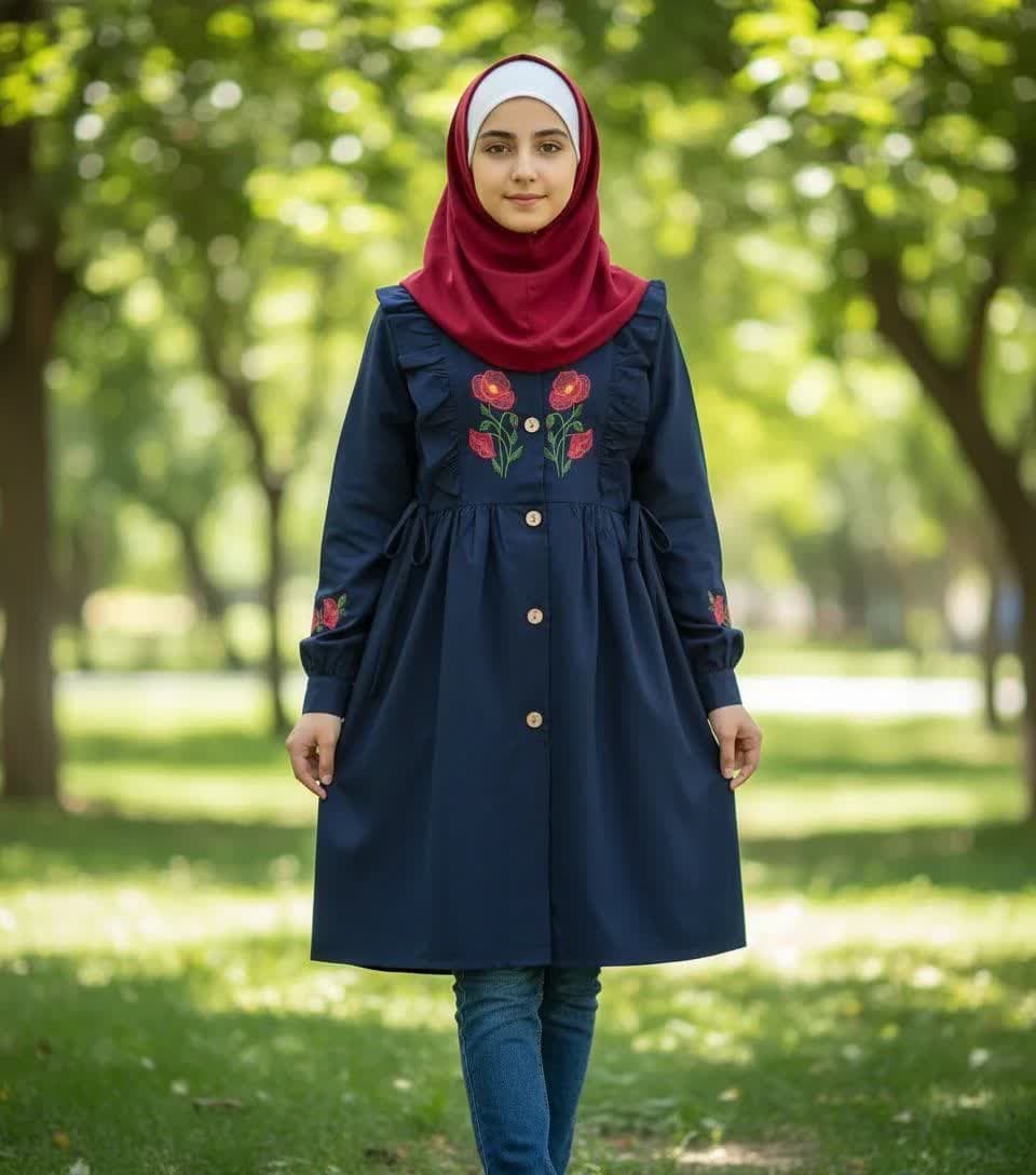 مانتو دخترانه مدل ثمین | جنس لینن درجه یک با گلدوزی ظریف (مزون دوز)