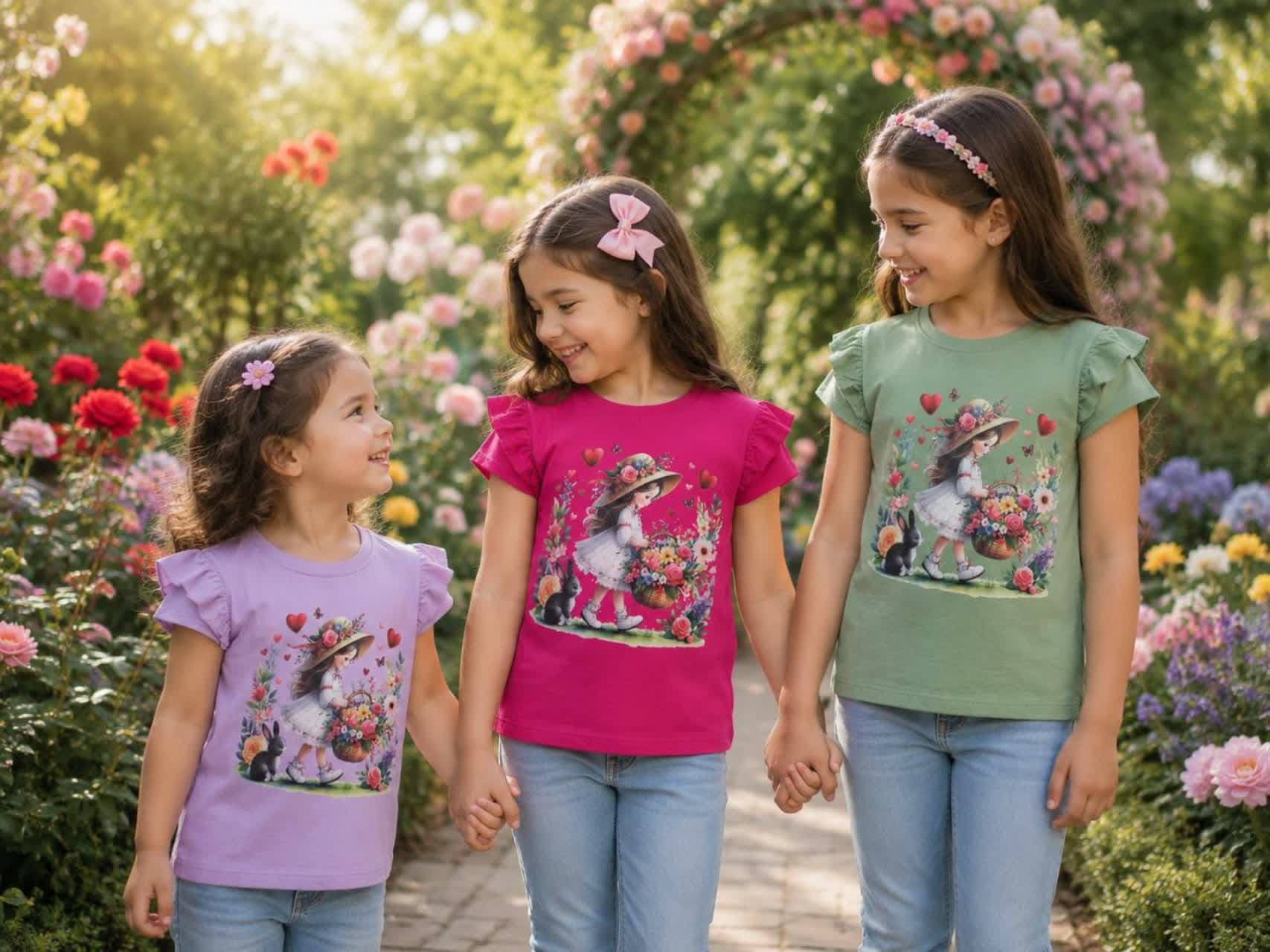 تیشرت دخترانه سرشانه چین دار طرح باغ گل 💐 | جنس پنبه یکرو (خنک و دخترانه)