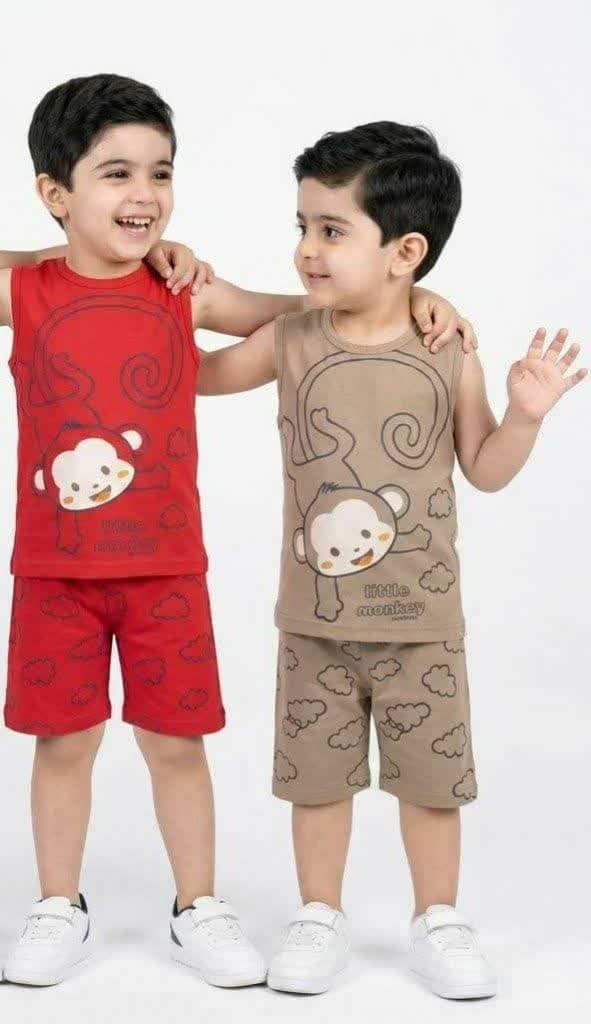 ست تاپ و شلوارک کودک طرح میمون کوچولو | جنس یکرو پنبه لاکرادار (خنک و تابستانه)
