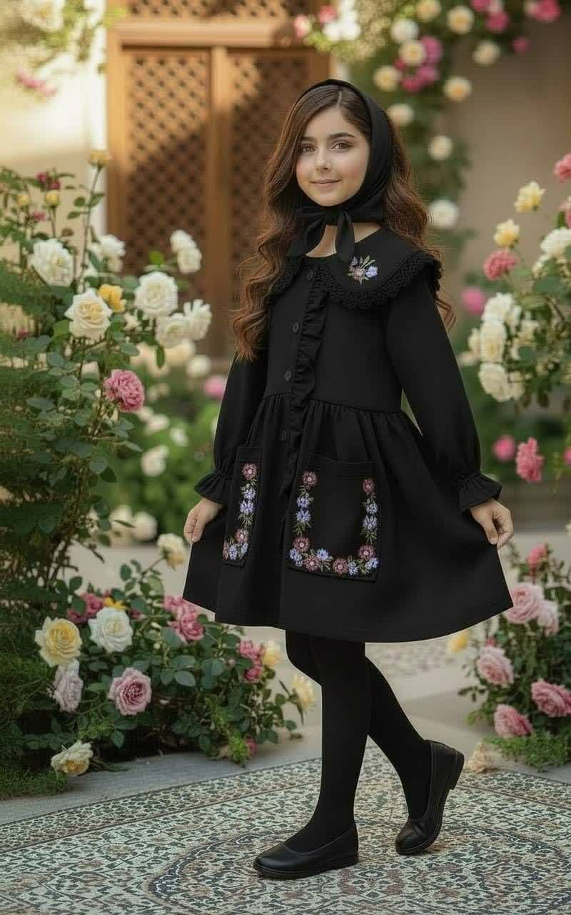 پیراهن مانتویی محرمی دخترانه مدل ریحانه | جنس شانتون نخ کولردار (ویژه ایام محرم) — تصویر ۵