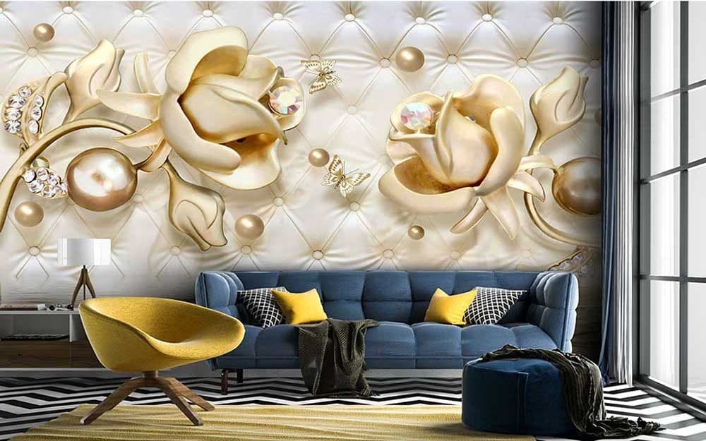 پوستر دیواری پشت تلوزیون گل هلندی بزرگ طلایی و پروانه سه بعدی