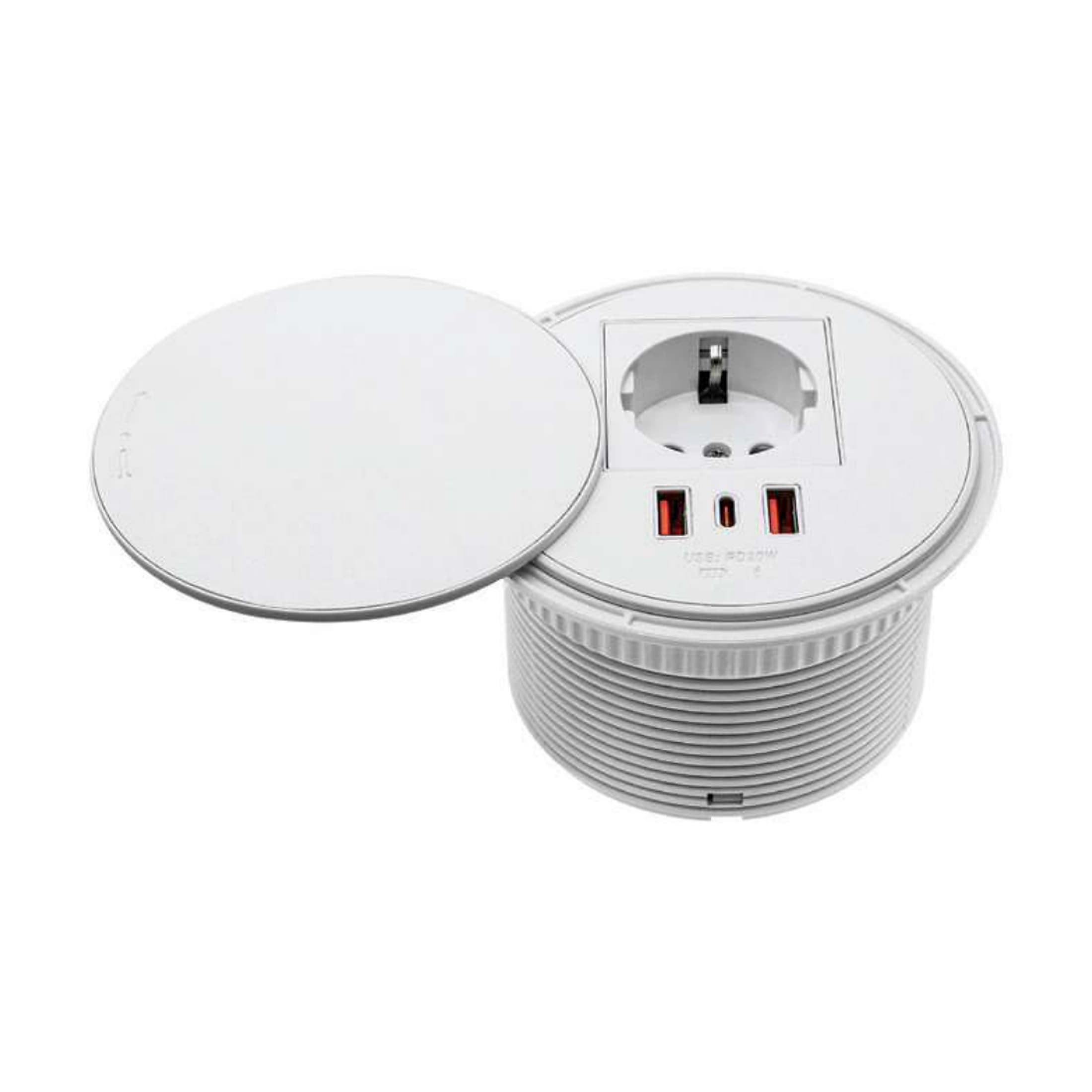 پریز برق چرخشی با روکش چرمی مدل SwifWall با رنگ سفید دارای یک سوکت برق G دو پورت USB3 و یک پورت USB C