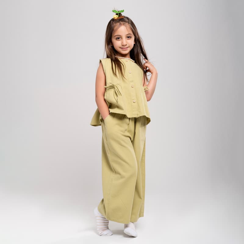 ست وست و شلوار دخترانه مدل بنددار کد KIDS2 | جنس کتان نخی — تصویر ۲