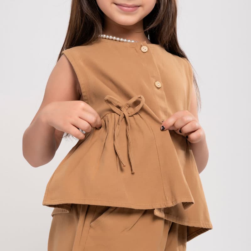ست وست و شلوار دخترانه مدل بنددار کد KIDS2 | جنس کتان نخی — تصویر ۴