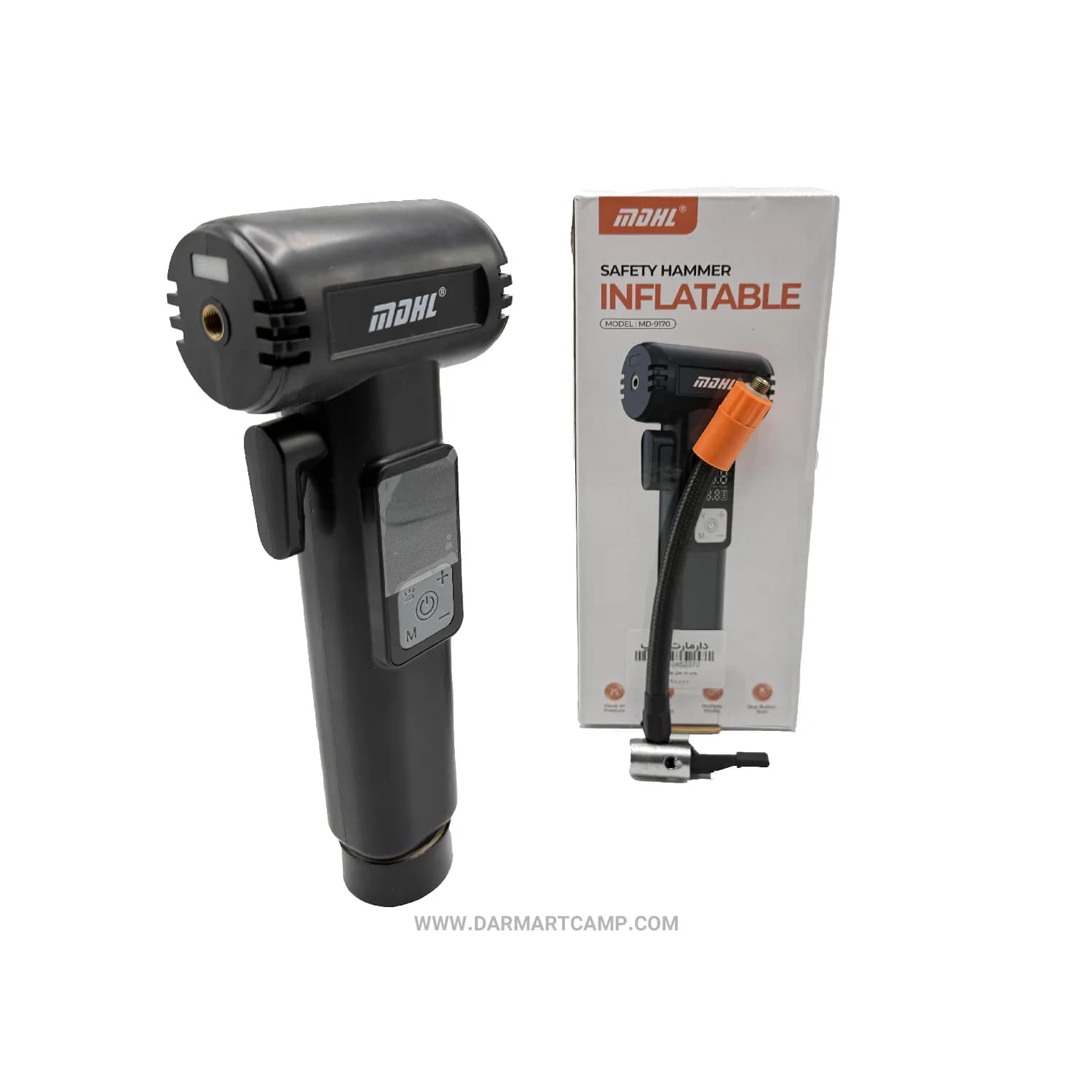 پمپ باد چندمنظوره MDHL MD-9170 Safety Hammer Inflator با چکش اضطراری، کاتر کمری، نمایشگر دیجیتال و پاوربانک — تصویر ۳