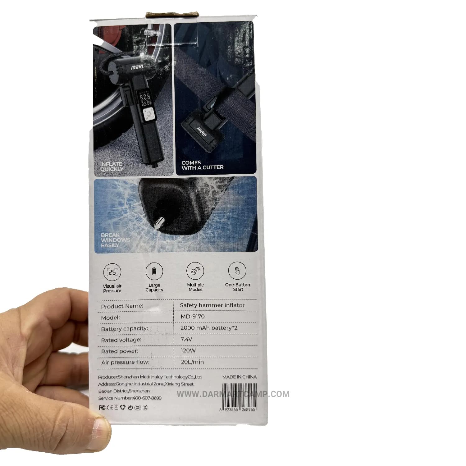 پمپ باد چندمنظوره MDHL MD-9170 Safety Hammer Inflator با چکش اضطراری، کاتر کمری، نمایشگر دیجیتال و پاوربانک — تصویر ۶
