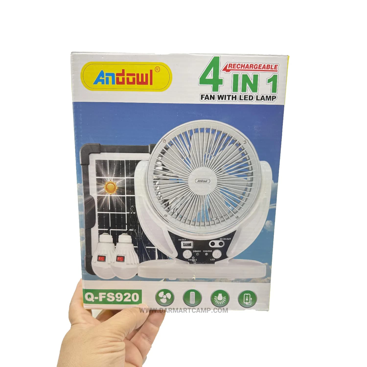 پنکه و چراغ چندمنظوره خورشیدی Andowl مدل Q-FS920 (۴ در ۱ قابل شارژ) — تصویر ۲
