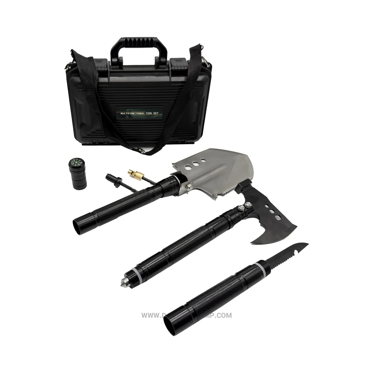 بیلچه و تبر چندکاره تاکتیکی مدل Multi-Tool Survival Set به همراه کیف سخت و قطب‌نما