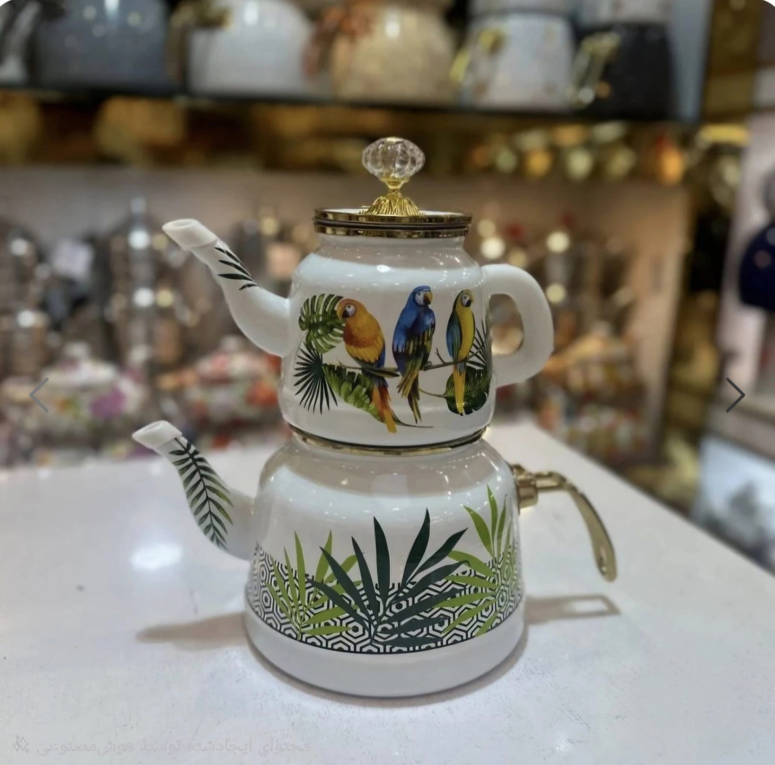 کتری قوری لعابی وارداتی برند یونی هوم طرح سه طوطی — تصویر ۲