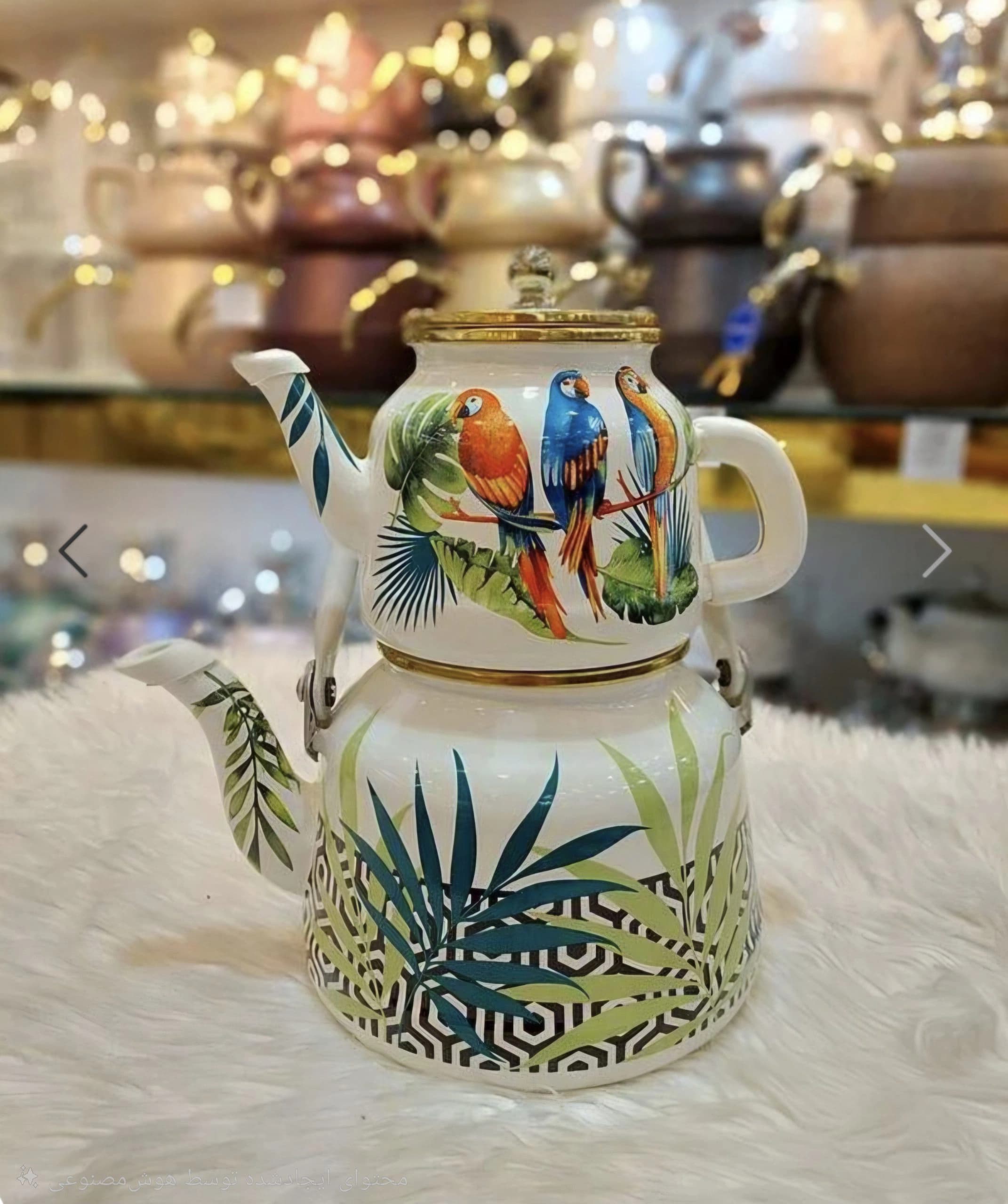 کتری قوری لعابی وارداتی برند یونی هوم طرح سه طوطی — تصویر ۳