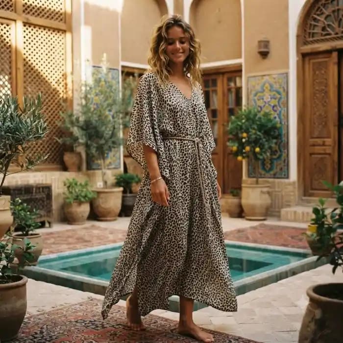 کرپ نخ گرم بالا پلنگی ریز کرم مشکی — تصویر ۳