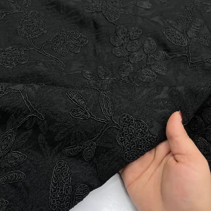 پارچه ژاکارد ترک گلدوزی گل اپلیکه رنگ مشکی