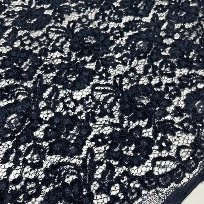 پارچه دانتل گل مخمل پولکی رنگ سورمه ای