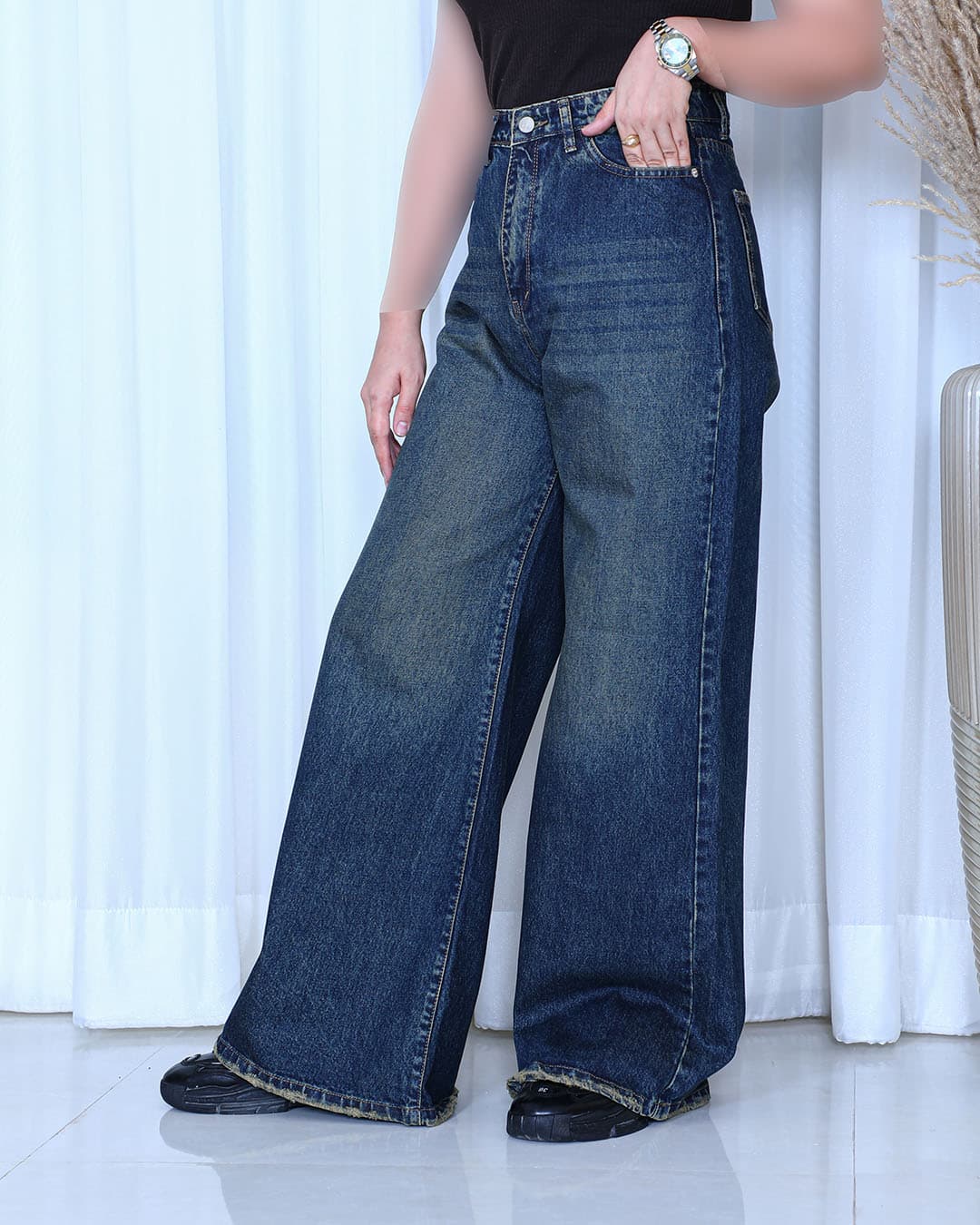 شلوار جین فول بگ زنانه سرمه‌ای تینت | پارچه ترک | baggy jeans outfit | کد 912200