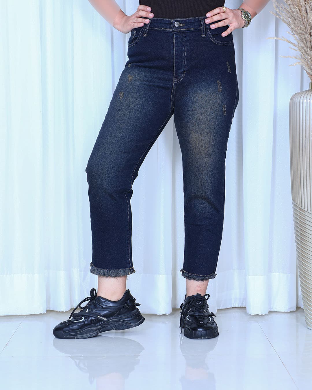 شلوار واید استریت زنانه آبی تیره تینت دمپا ریش | Wide Straight Jeans | کد 911100