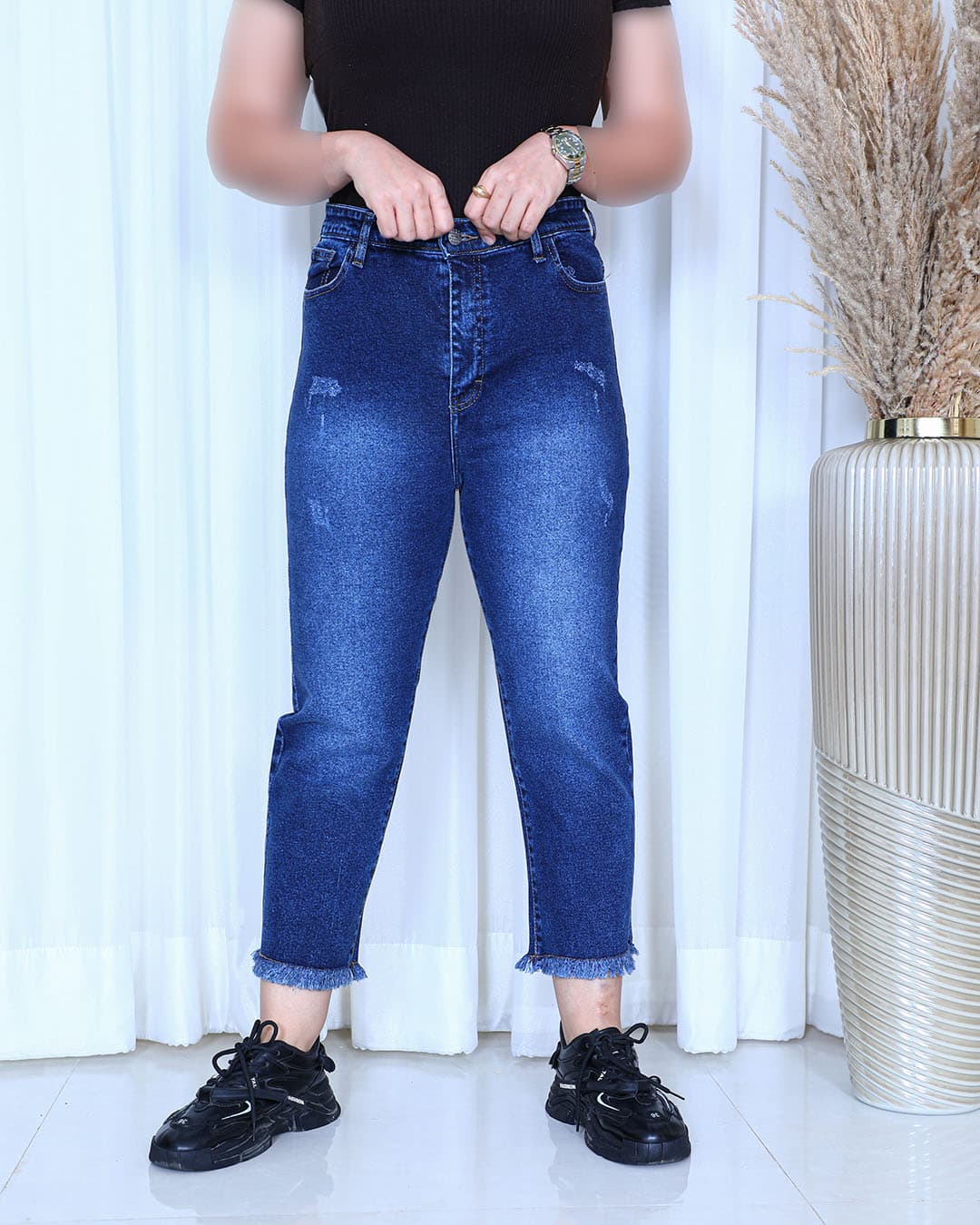 شلوار واید استریت زنانه آبی تیره دمپا ریش | Wide Straight Jeans | کد 910900