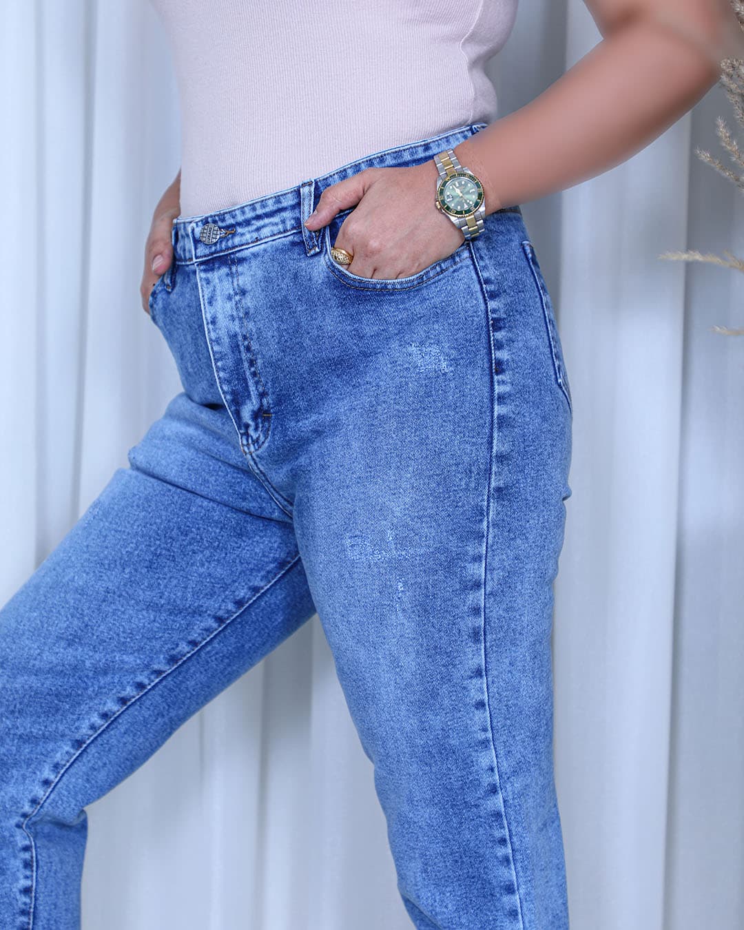 شلوار واید استریت زنانه آبی دریایی دمپا ریش | Ocean Blue Wide Straight Jeans | کد 910700 — تصویر ۳
