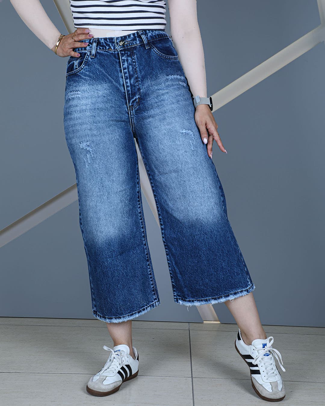 شلوار جین واید لگ آبی متوسط سایه دار زنانه | قد 84 سایز 36 تا 46 | Washed Medium Blue Wide Leg Jeans | کد 90700