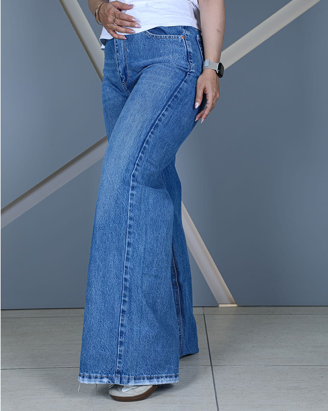 شلوار جین فلر بگ آبی متوسط زنانه | قد 110 سایز 36 تا 46 | Medium Blue Flare Baggy Jeans | کد 90500 — تصویر ۲