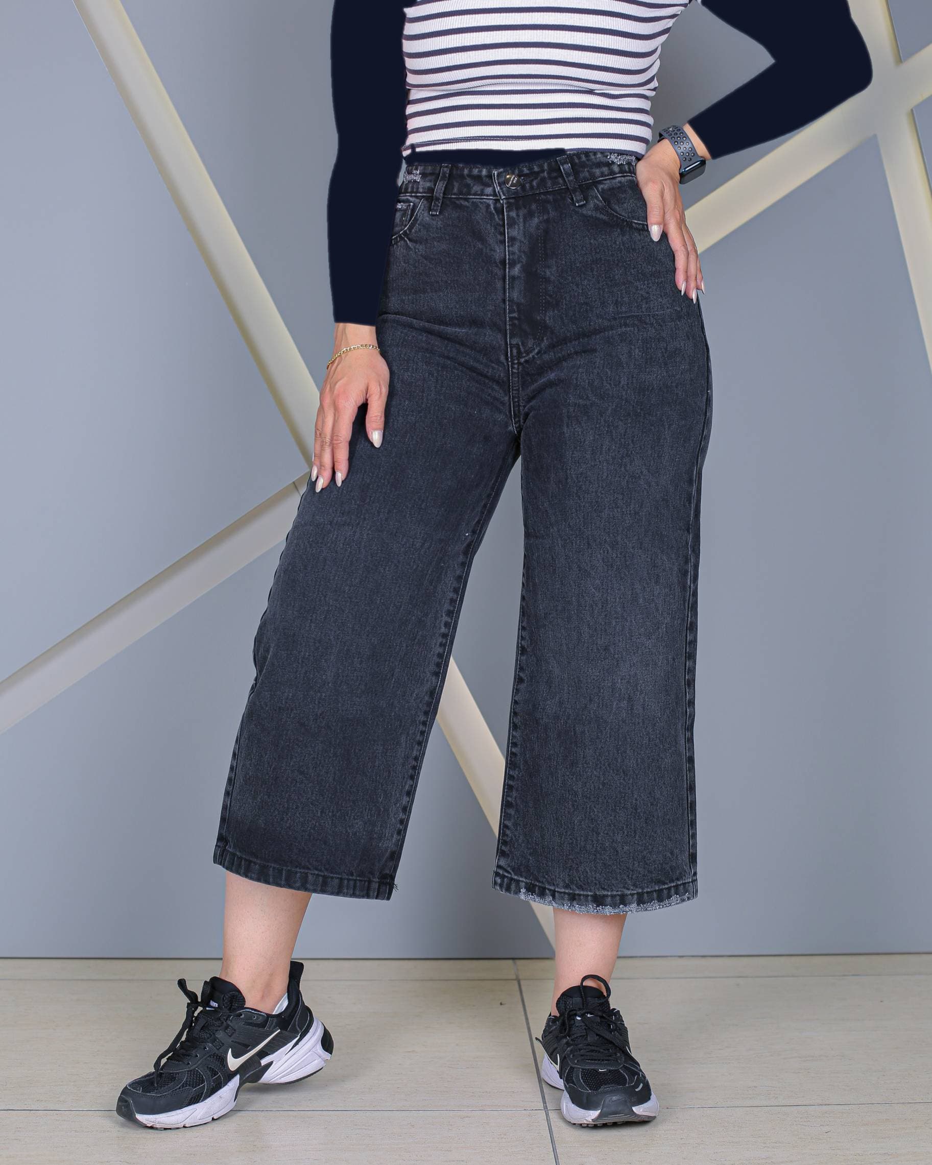شلوار جین واید لگ ذغالی زنانه کمرکش قد 84 | مدل Wide Leg Charcoal Grey | کد 80600