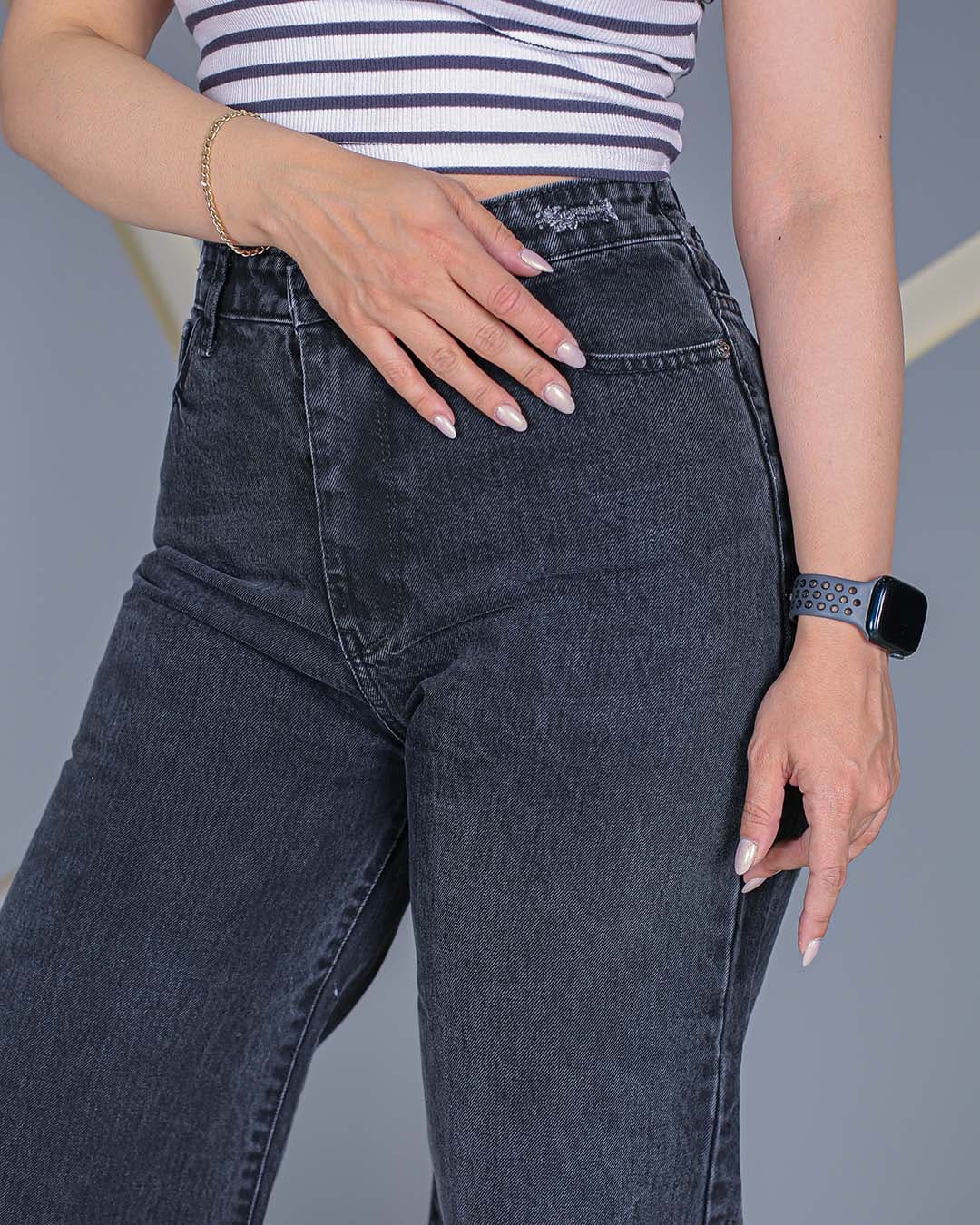 شلوار جین واید لگ ذغالی زنانه کمرکش قد 84 | مدل Wide Leg Charcoal Grey | کد 80600 — تصویر ۳