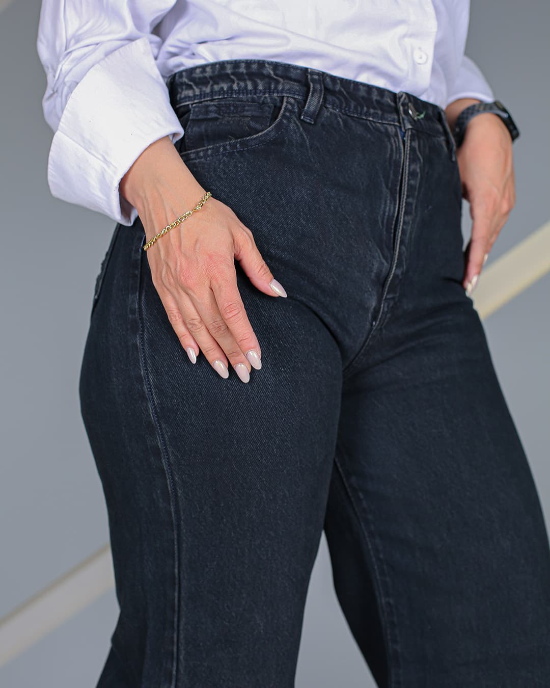 شلوار فلر بگ بلو بلک زنانه | قد 110 کمر بدون کش | Flare Baggy Jeans | کد 80100 — تصویر ۳