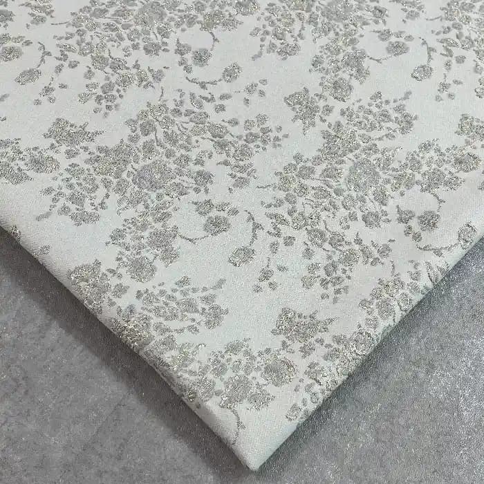 پارچه ژاکارد ترک گلدار رنگ شیری طوسی