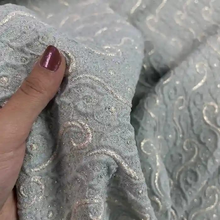 پارچه ژاکارد ترک گلدار رنگ سبز ابی — تصویر ۲