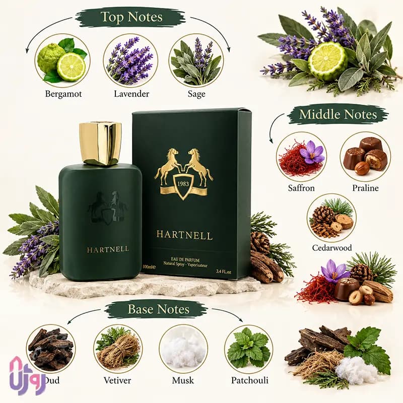 عطر ادوپرفیوم مردانه فراگرنس ورد Fragrance World مدل هارت نل Hartnell 1983 حجم 100 میلی‌لیتر — تصویر ۹