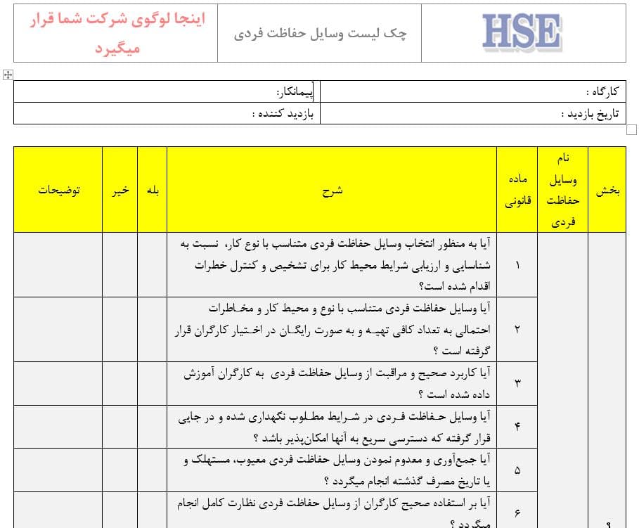 چک لیست وسایل و تجهیزات حفاظت فردی