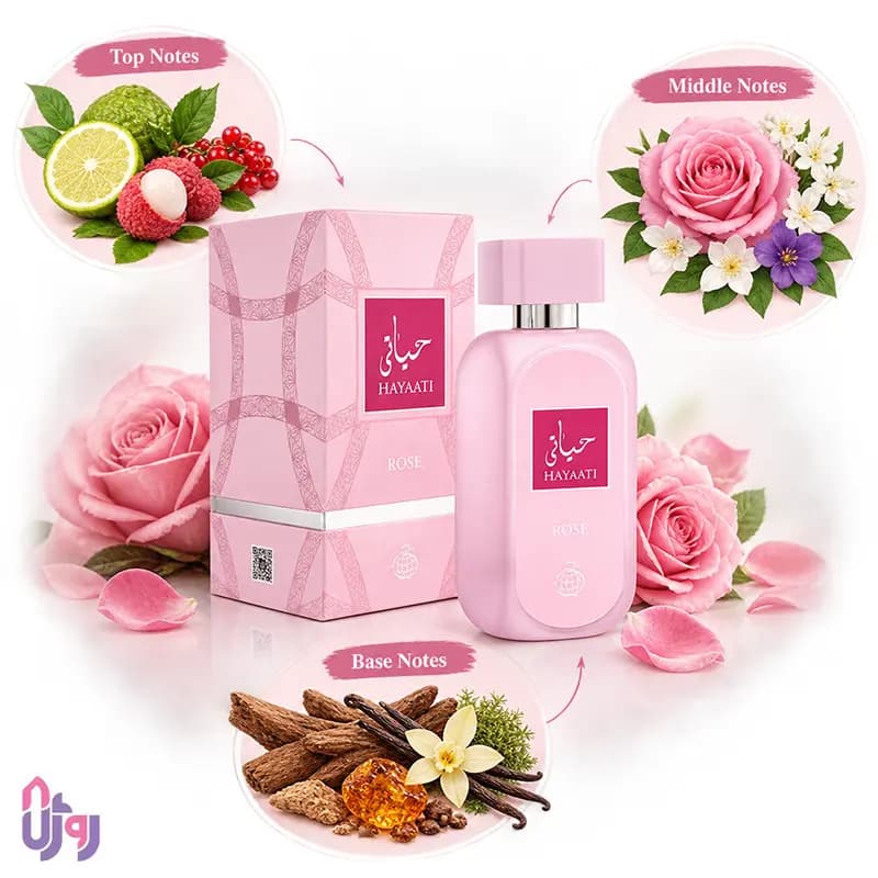 عطر ادوپرفیوم زنانه فراگرنس ورد Fragrance World مدل حیاتی رز Hayaati Rose حجم 100 میلیلیتر — تصویر ۹