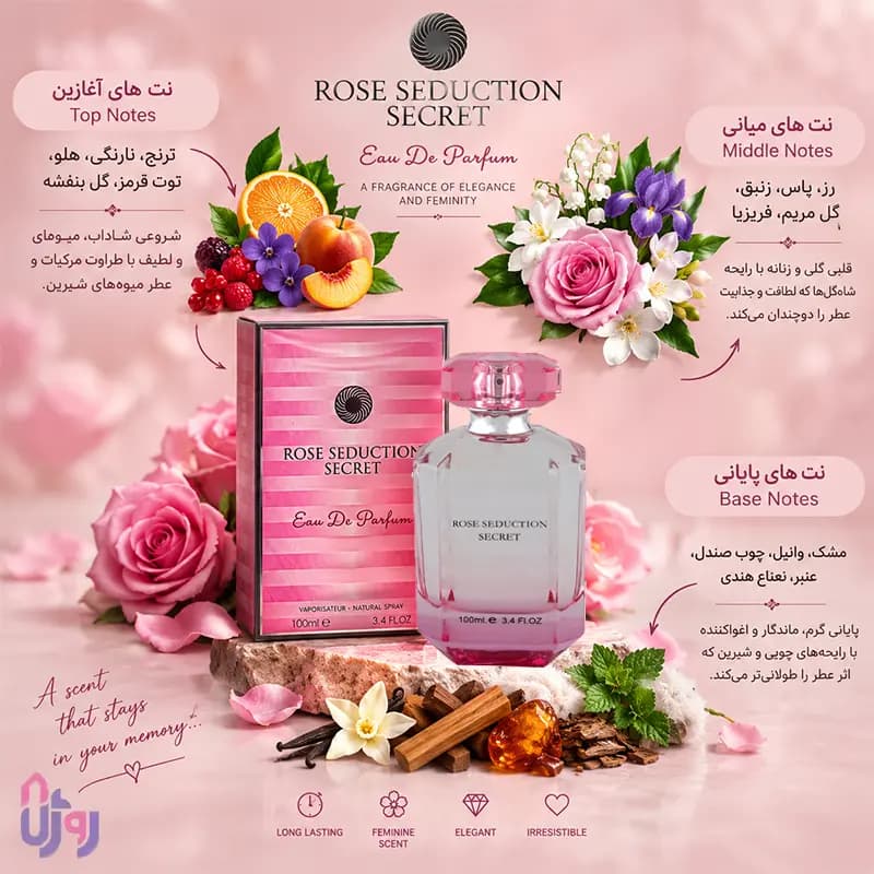 عطر ادوپرفیوم زنانه فراگرنس ورد Fragrance World مدل رز سداکشن سکرت Rose Seduction Secret حجم 100 میلی‌لیتر — تصویر ۹