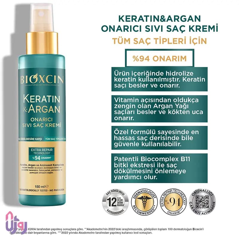 اسپری دوفازمو بیوکسین Bioxcin مدل کراتین و آرگان Keratin & Argan Nourishing Liquid Hair Conditioner حجم 150 میلی‌لیتر — تصویر ۴