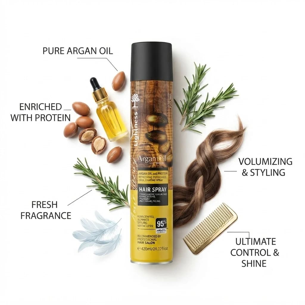 اسپری تافت مو لایتنس مدل Argan Oil – حاوی روغن آرگان | حجم 420 میل — تصویر ۲