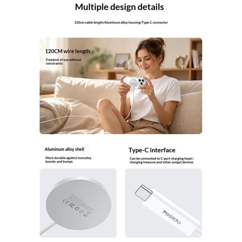 کابل شارژ وايرلس 25 وات برند YESIDO مدل DS41 — تصویر ۶