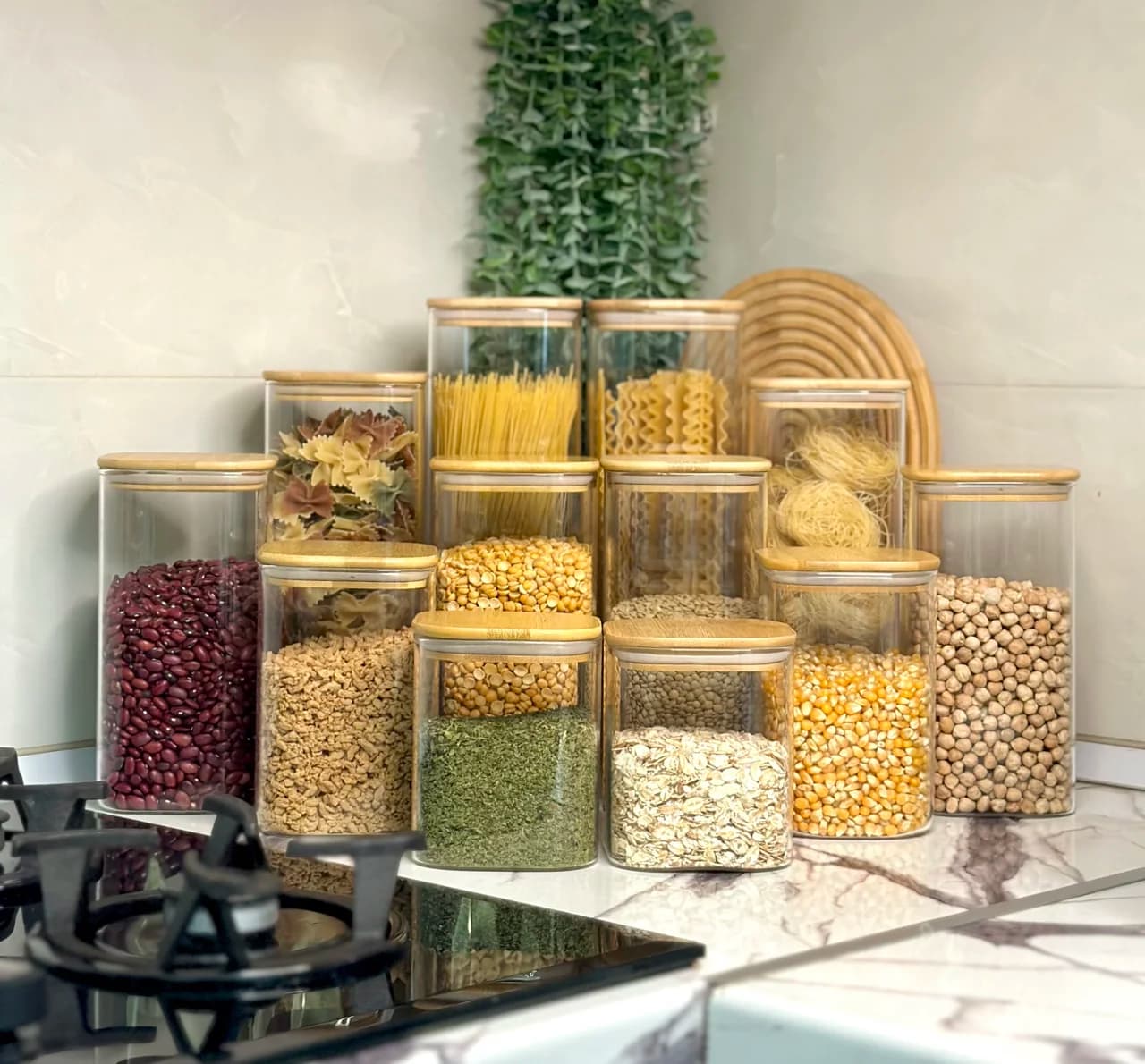 بانکه حبوبات مربع پیرکس درب چوبی قطر 10 در 7 ارتفاع متنوع
