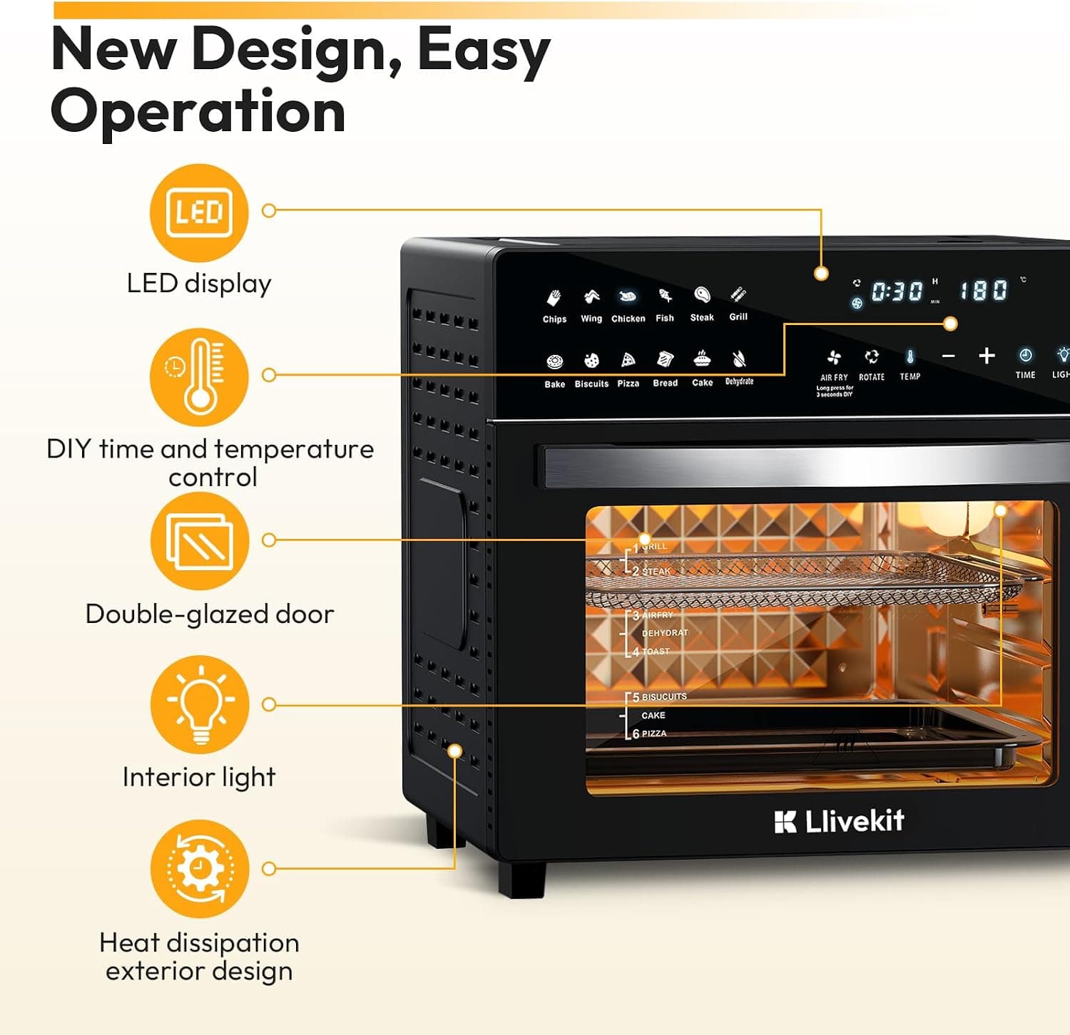 فر برقی 26 لیتری LLIVEKIT مدل Air Fryer Oven – سرخ کن بدون روغن، 12 برنامه با صفحه کنترل لمسی — تصویر ۲