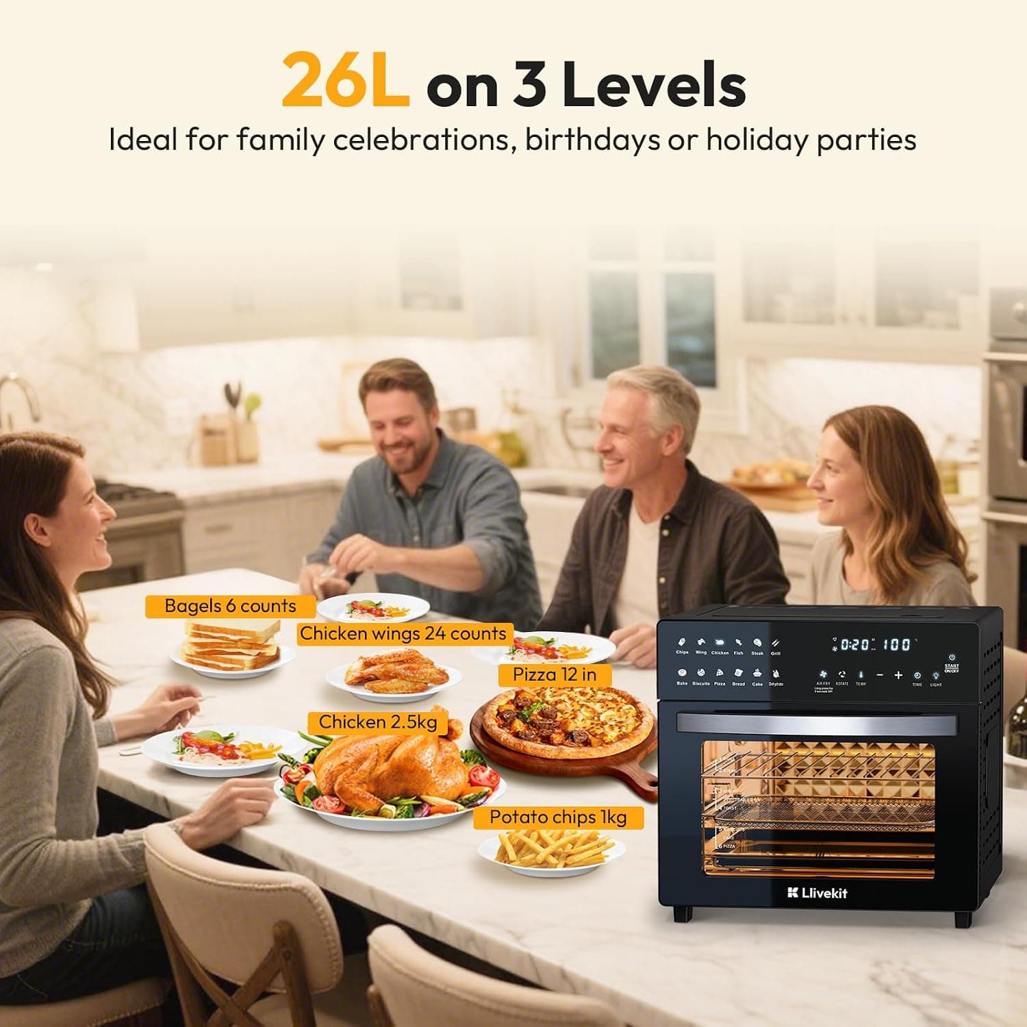 فر برقی 26 لیتری LLIVEKIT مدل Air Fryer Oven – سرخ کن بدون روغن، 12 برنامه با صفحه کنترل لمسی — تصویر ۷