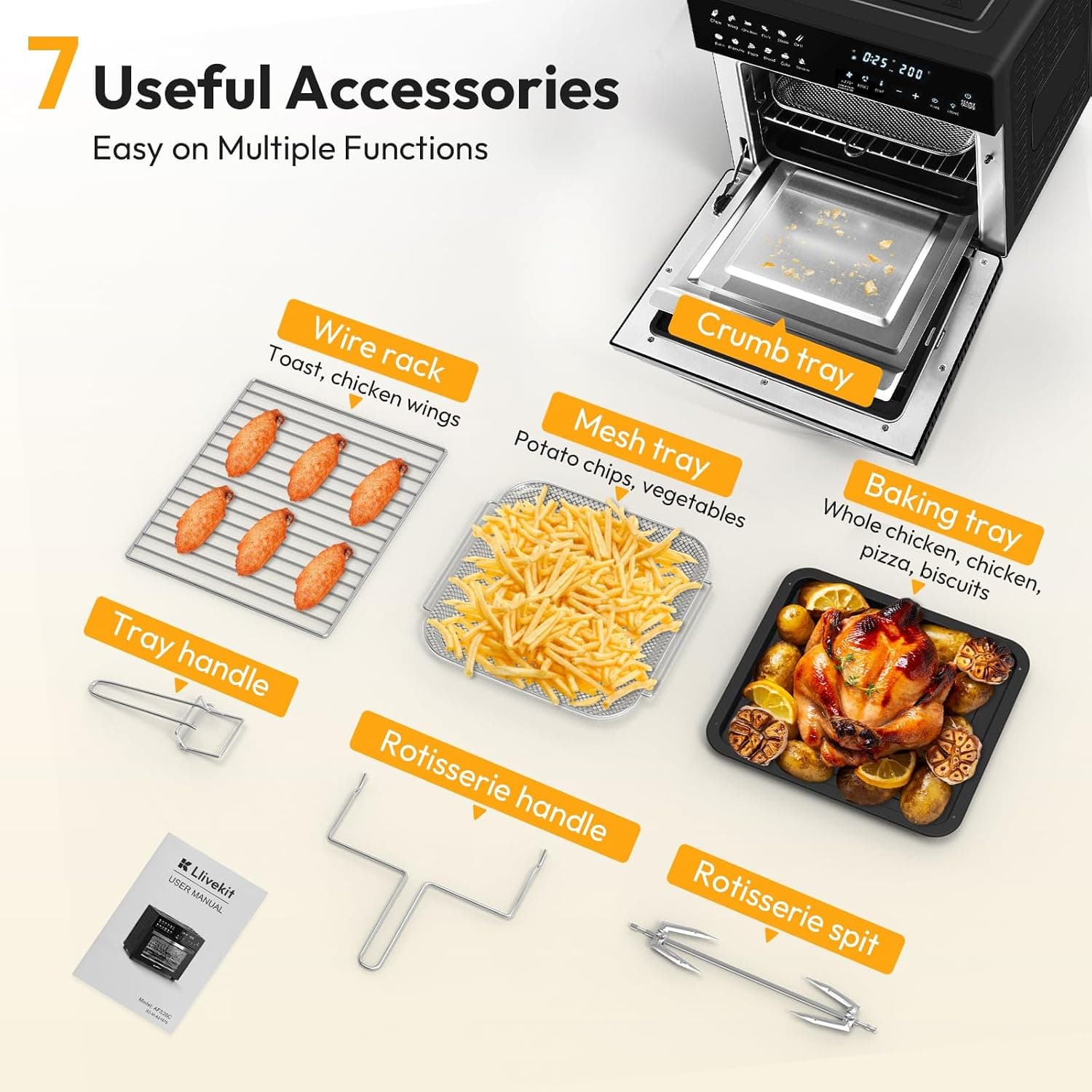 فر برقی 26 لیتری LLIVEKIT مدل Air Fryer Oven – سرخ کن بدون روغن، 12 برنامه با صفحه کنترل لمسی — تصویر ۶