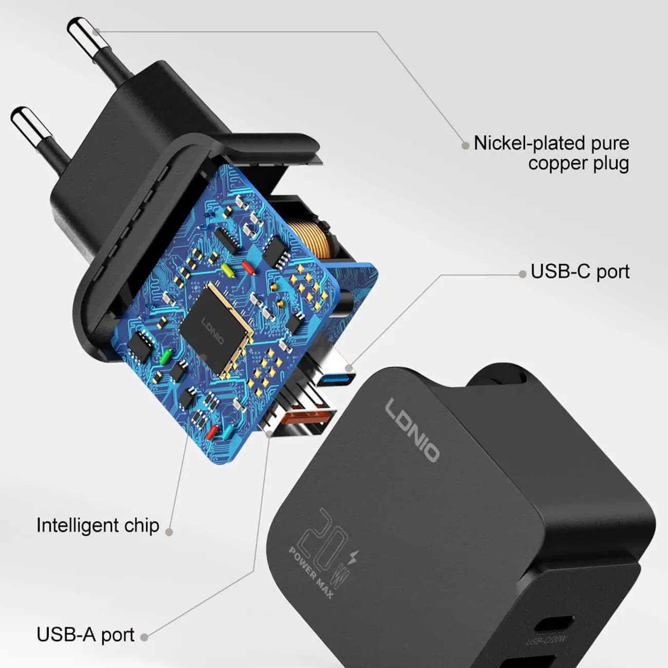 شارژر LDNIO Q1 | شارژ سریع 20 وات USB-C و USB-A — تصویر ۳