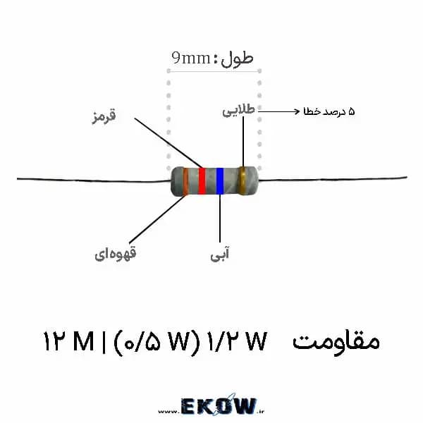 مقاومت 1/2 وات 12 مگا اهم (1/2W 12M ) پک 100 عددی