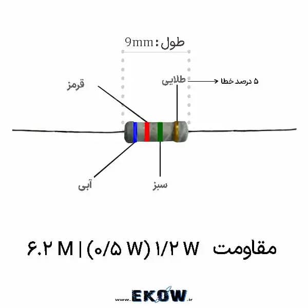 مقاومت 1/2 وات 6.2 مگا اهم (1/2W 6.2M ) پک 5000 عددی