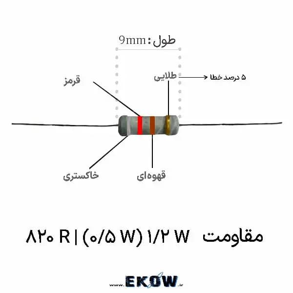 مقاومت 1/2 وات 820 اهم (1/2W 820R ) پک 5000 عددی