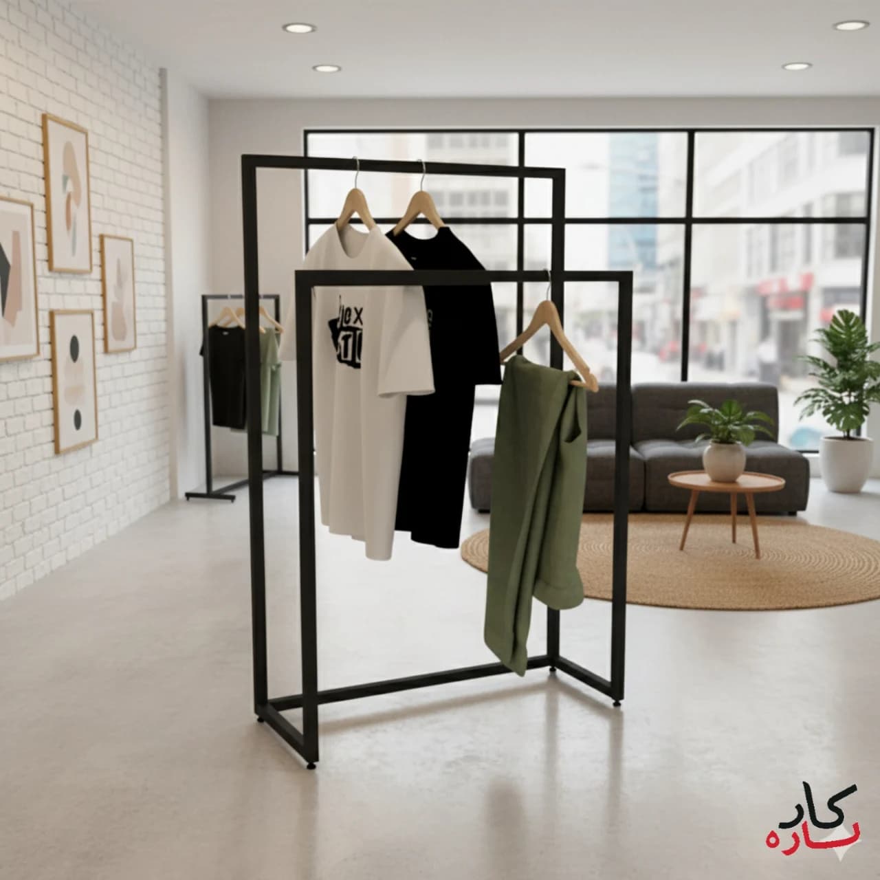 رگال فروشگاهی کارسازه مدل 703 ایستاده دو طبقه – جلوه‌ای مدرن برای نمایش لباس‌های شما