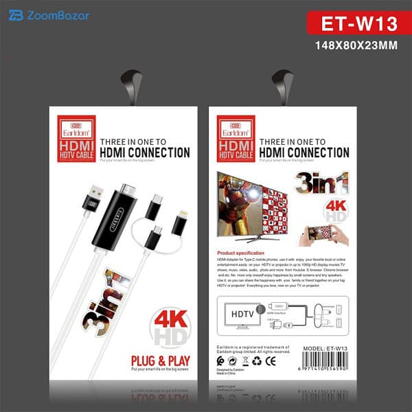 کابل تبدیل USB/USB-C/لایتنینگ به HDMI ارلدام مدل W13 طول 1.8 متر — تصویر ۷
