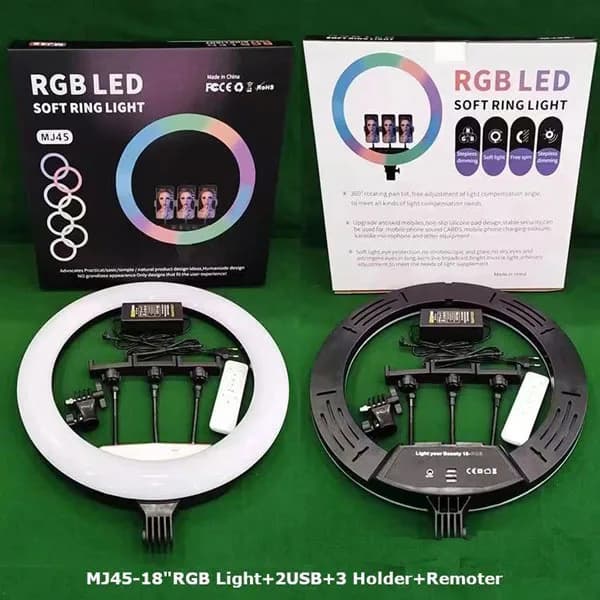 رینگ لایت مدل MJ45-RGB با سه هولدر موبایل — تصویر ۹
