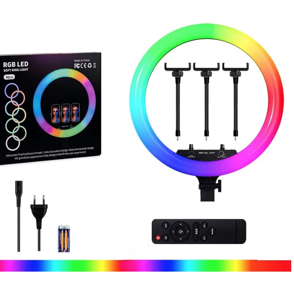 رینگ لایت مدل MJ45-RGB با سه هولدر موبایل — تصویر ۲