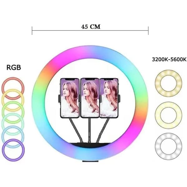 رینگ لایت مدل MJ45-RGB با سه هولدر موبایل — تصویر ۷